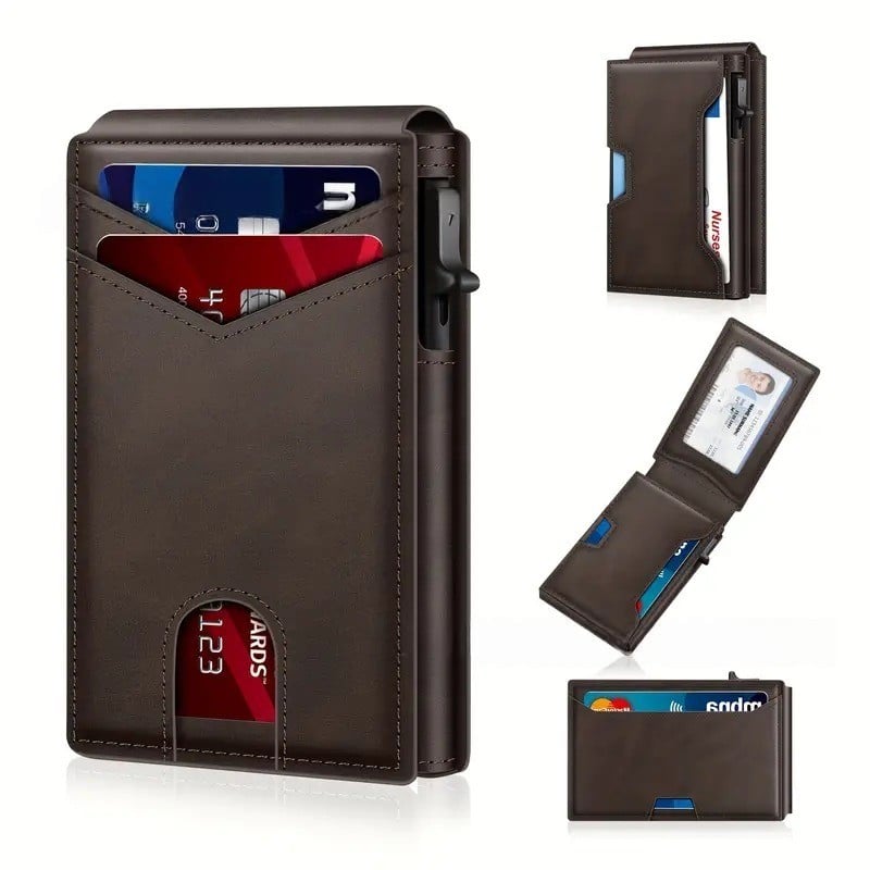 Wallet - With Pop Up Aluminum Case Money Clip Slim Leather Slots Credit Card Holder RFID Blocking Bifold Minimalist Wallet