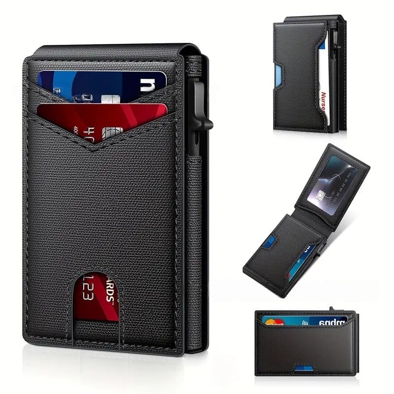 Wallet - With Pop Up Aluminum Case Money Clip Slim Leather Slots Credit Card Holder RFID Blocking Bifold Minimalist Wallet